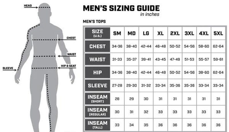 May include: Men's sizing guide in inches. A chart with measurements for chest, waist, hip, sleeve, and inseam (short, regular, tall). Sizes range from SM to 5XL. A diagram of a person shows where to measure.