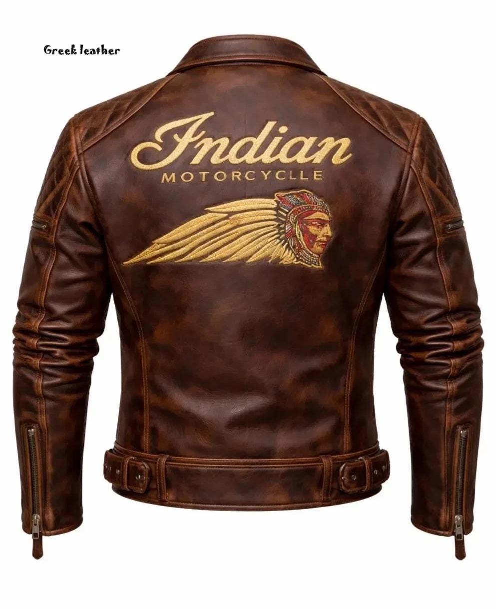 Brown Leather Indian Motorcycle Jacket - Etsy