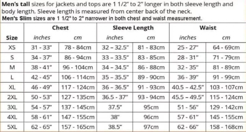 May include: A size chart for jackets and tops, with measurements in inches and centimeters. Includes chest, sleeve length, and waist sizes from XS to 5XL. Text indicates tall and slim fit variations.