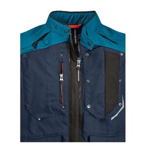 May include: A close-up of a motorcycle jacket in navy blue and teal. The jacket features a high collar, multiple pockets with red zipper pulls, and the BMW Motorrad logo on the zipper. The jacket has a black mesh panel and reflective accents.