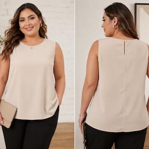 May include: A sleeveless, beige top with a round neckline. The top is paired with black pants. The woman is holding a beige clutch. The top has a keyhole detail in the back.