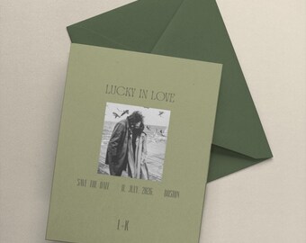 Minimalist Save the Date Template | Lucky in Love Wedding Invitation | Modern Olive Green Printable | Editable Wedding Card