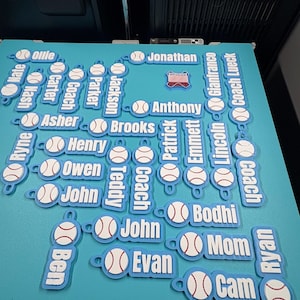Pu&ograve; includere: Una collezione di portachiavi personalizzati azzurri con una grafica da baseball bianca con cuciture rosse e un nome o titolo stampato in lettere bianche. I nomi includono Ollie, Jonathan, Nate, Nash, Carter, Coach, Parker, Jackson, Anthony, Asher, Brooks, Ryne, Henry, Owen, Teddy, John, Ben, Evan, Patrick, Emmett, Lincoln, Gianfranco, Coach Lueck, Bodhi, Mom, Ryan e Cam.