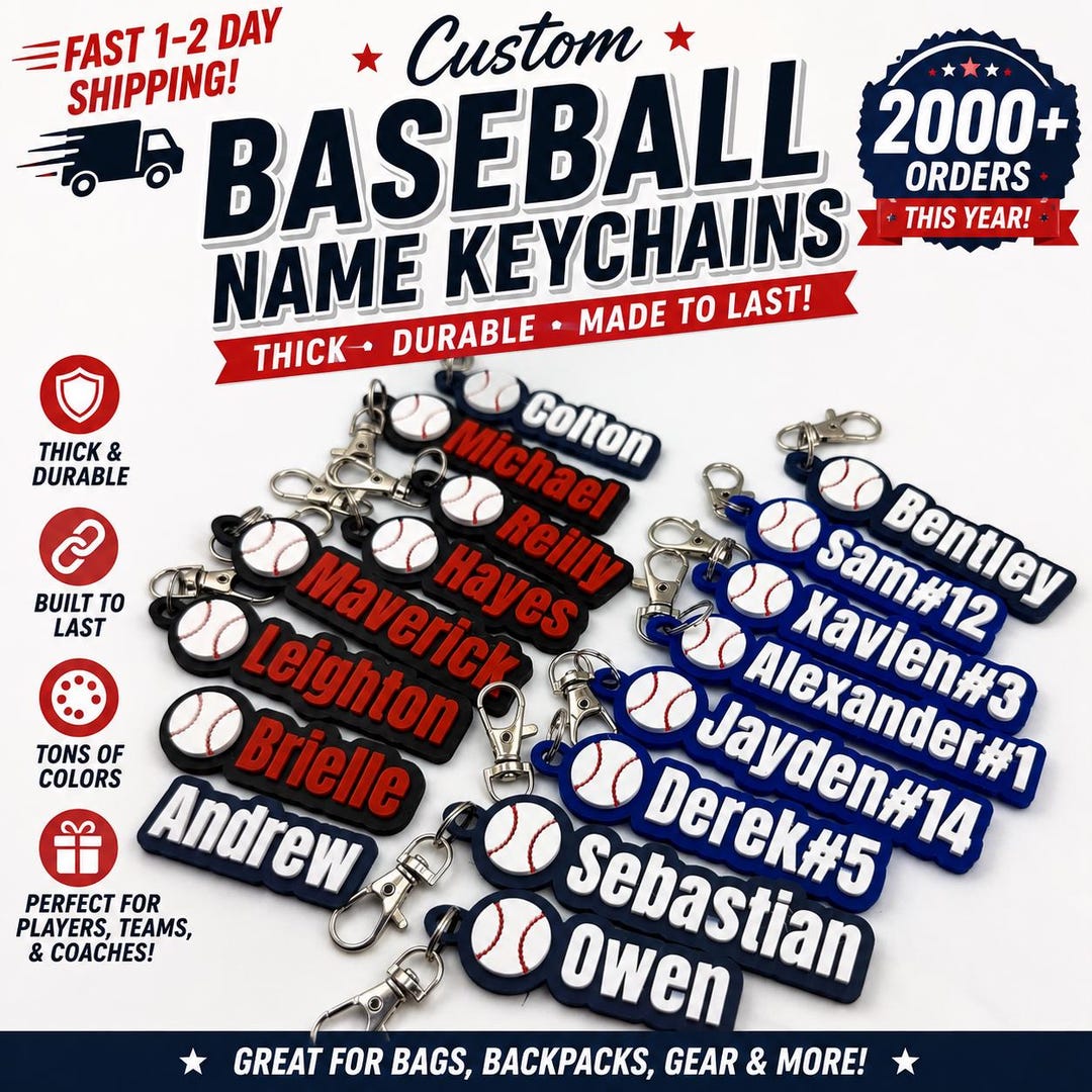 Baseball Personalized Keychain / Keyring / Bag Tag / Name Tag - 3D Printed Plastic