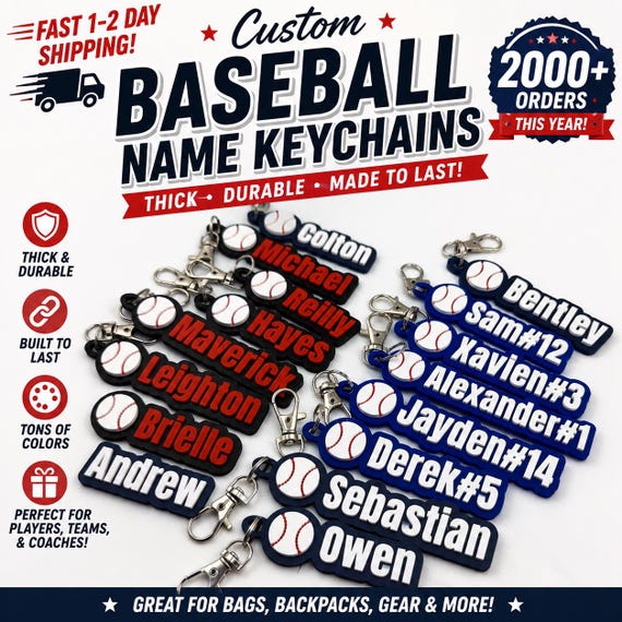 Baseball Personalized Keychain / Keyring / Bag Tag / Name Tag - 3D Printed Plastic