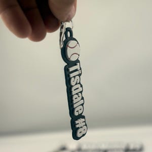 Pu&ograve; includere: Un portachiavi in gomma di colore scuro con un'icona di una palla da baseball bianca nella parte superiore e il testo "Tisdale #8" in lettere bianche in rilievo. Il portachiavi &egrave; fissato a un anello in metallo argentato per le chiavi.