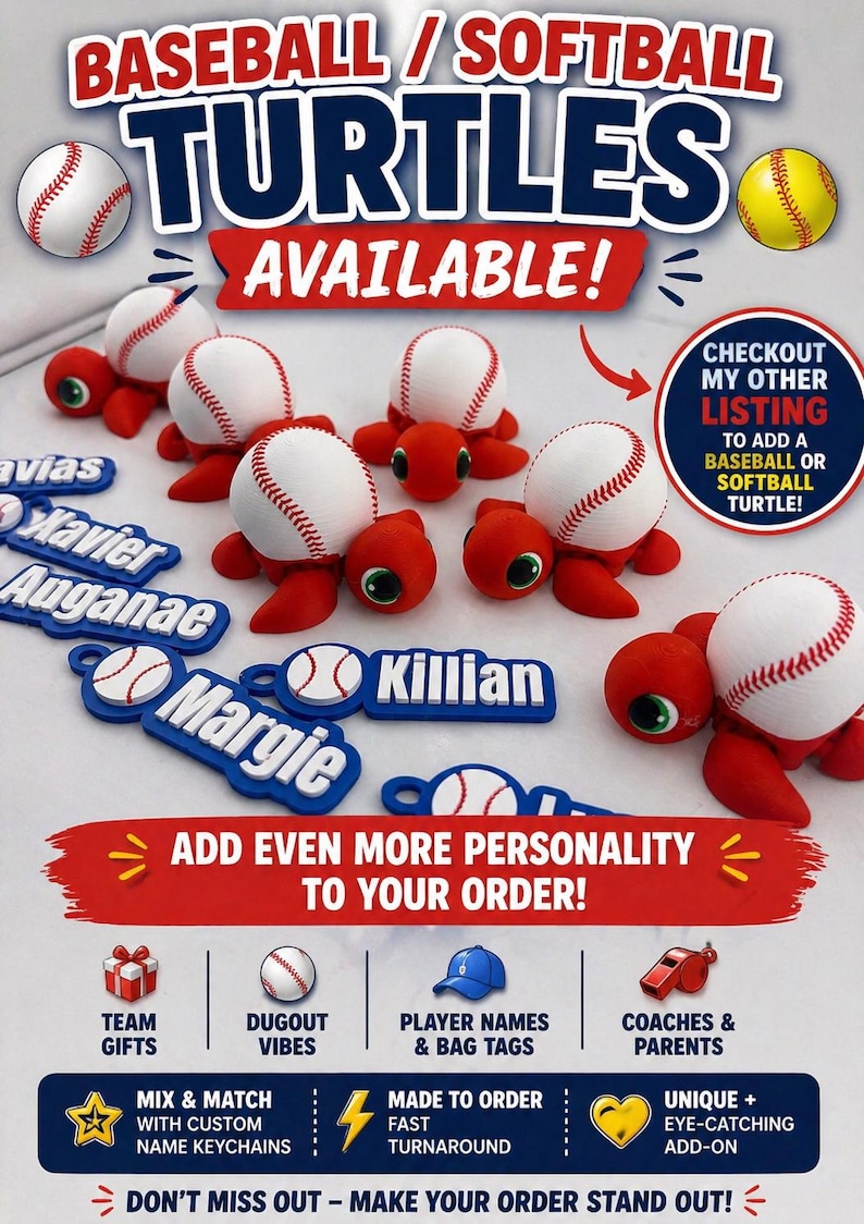 Baseball Personalized Keychain / Keyring / Bag Tag / Name Tag - 3D Printed Plastic immagine 3