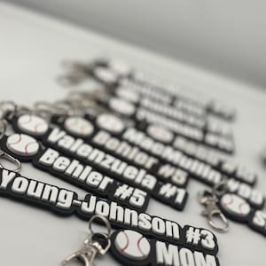Pu&ograve; includere: Una collezione di portachiavi rettangolari bianchi e neri con una grafica da baseball e testo personalizzato che include nomi come Young-Johnson #3, Behler #5, Valenzuela #1 e MacMullin #99, ciascuno fissato a un moschettone in metallo argentato.