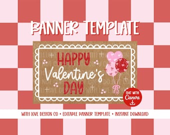 Happy Valentine's Day Banner Template Mockup | Valentine's Party Decor | Galentine's Coquette Theme | Editable Canva Digital Download