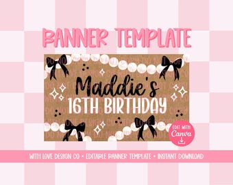 Girly Pearls and Bows Birthday Banner Template Mockup | Black and White Classic Theme | Editable Canva Digital Download