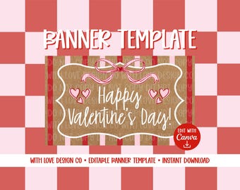 Happy Valentine's Day Banner Template Mockup | Valentine's Party Decor | Galentine's Coquette Theme | Editable Canva Digital Download