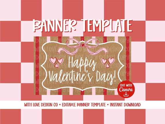 Happy Valentine's Day Banner Template Mockup | Valentine's Party Decor | Galentine's Coquette Theme | Editable Canva Digital Download