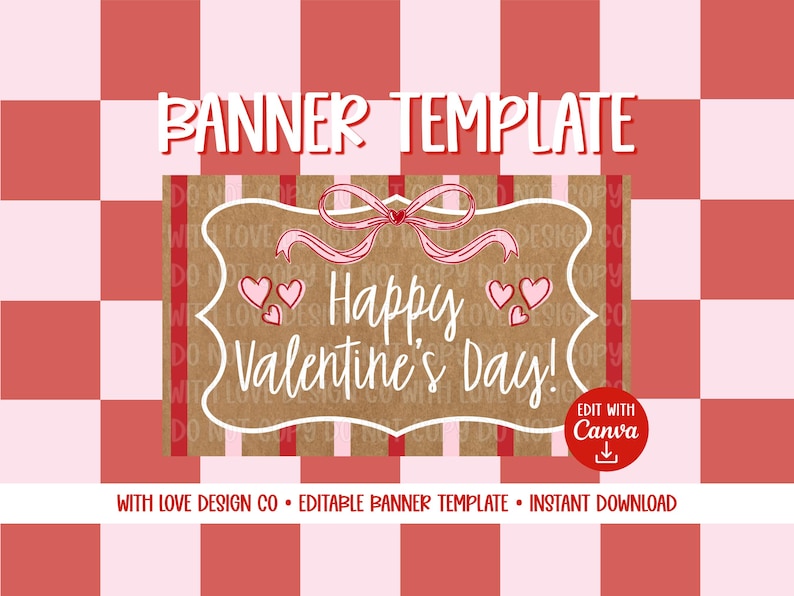 Happy Valentine's Day Banner Template Mockup | Valentine's Party Decor | Galentine's Coquette Theme | Editable Canva Digital Download image 1
