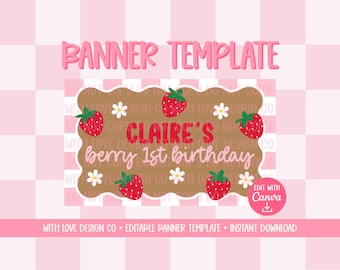 Berry First Birthday Banner Template Mockup | Birthday Party Event Decor | First Birthday Theme | Editable Canva Digital Download