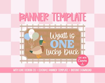 One Lucky Duck Banner Template Mockup | Birthday Party Event Decor | First Birthday Boy Ideas | Editable Canva Digital Download