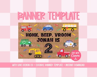Honk Beep Vroom Banner Template Mockup | Transportation Truck Vehicles Theme | Second Birthday Ideas | Editable Canva Digital Download