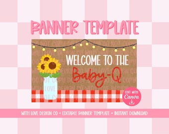 Baby-Q Banner Template Mockup | Baby Shower Event Decor | Barbeque Party Theme | Editable Canva Digital Download