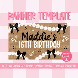 Girly Pearls and Bows Birthday Banner Template Mockup | Black and White Classic Theme | Editable Canva Digital Download