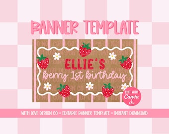 Berry First Birthday Banner Template Mockup | Birthday Party Event Decor | First Birthday Theme | Editable Canva Digital Download