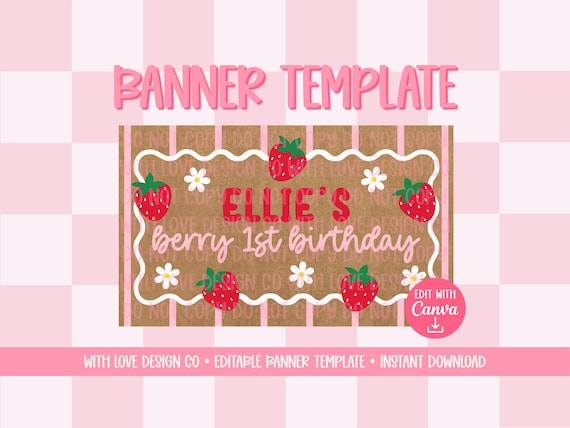 Berry First Birthday Banner Template Mockup | Birthday Party Event Decor | First Birthday Theme | Editable Canva Digital Download