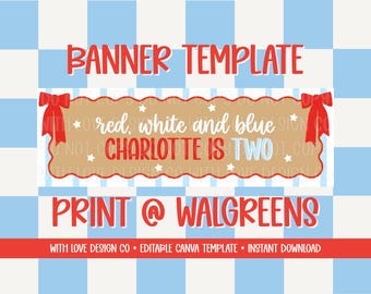 Printable Red White and TWO Banner Template | July 4th Birthday Theme | 72x24in Walgreens Print 2x6ft | Canva Digital Download