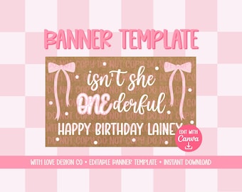 Isn't She ONEderful Banner Template Mockup | Birthday Party Event Decor | Girl First Birthday Theme | Editable Canva Digital Download