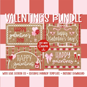 Valentine's Galentine's Banner Template Mockup Bundle | Valentine's Party Decor | Happy Valentine's Day | Editable Canva Digital Download image 1