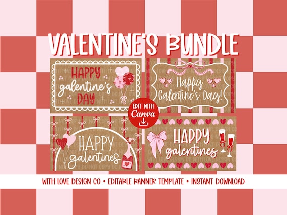 Valentine's Galentine's Banner Template Mockup Bundle | Valentine's Party Decor | Happy Valentine's Day | Editable Canva Digital Download