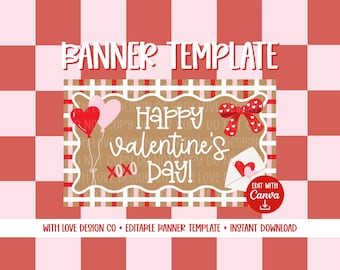 Girl Valentine's Day Banner Template Mockup | Valentine's Party | Toddler Kid Play Room Decor | Editable Canva Digital Download