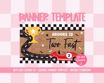 Two Fast Birthday Banner Template Mockup | Racecar Birthday Party Decor | Second Birthday Boy Ideas | Editable Canva Digital Download