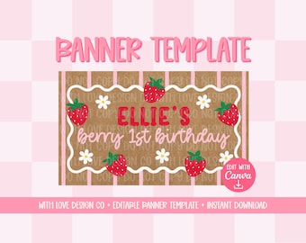 Berry First Birthday Banner Template Mockup | Birthday Party Event Decor | First Birthday Theme | Editable Canva Digital Download