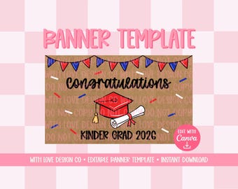 Kindergarten Graduation Banner Template Mockup | Kids Graduation Party Decor | Editable Canva Digital Download