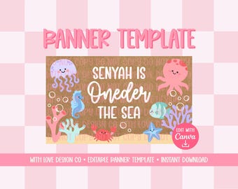 Oneder the Sea Banner Template Mockup | Birthday Party Event Decor | First Birthday Theme | Editable Canva Digital Download