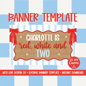 Red, White and TWO Banner Template Mockup | July 4th Birthday Theme | Fourth of July Party Decor | Editable Canva Digital Download