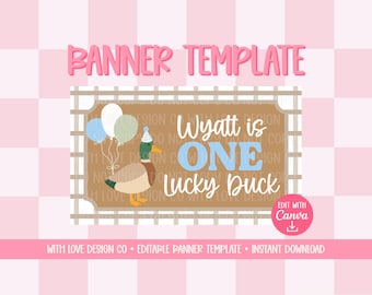 Modello di banner con paperella portafortuna / Decorazioni per feste di compleanno / Idee per il primo compleanno di un bambino / Download digitale modificabile da Canva