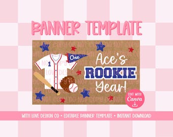 Baseball Rookie Year Banner Template Mockup | Birthday Party Event Decor | First Birthday Ideas | Editable Canva Digital Download