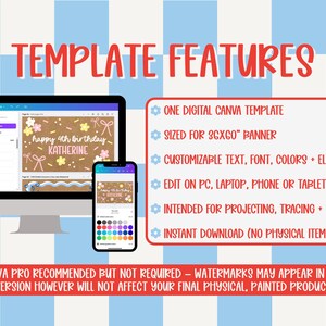 May include: A digital Canva template displayed on a computer monitor and smartphone. The template features a birthday banner design with customizable text, font, and colors. The image includes the text "TEMPLATE FEATURES" and "EDIT WITH Canva".