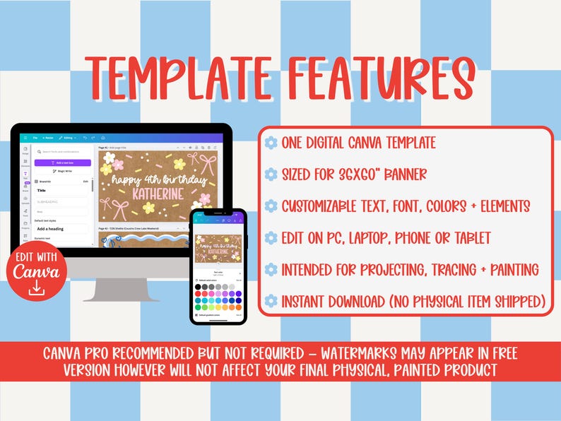 May include: A digital Canva template displayed on a computer monitor and smartphone. The template features a birthday banner design with customizable text, font, and colors. The image includes the text "TEMPLATE FEATURES" and "EDIT WITH Canva".