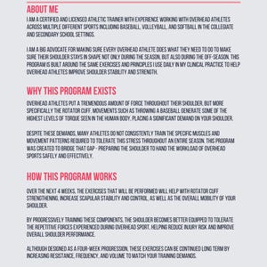 Pu&ograve; includere: Un documento bianco e grigio intitolato "PROGRAM OVERVIEW". Il testo descrive un programma di allenamento atletico per migliorare la stabilit&agrave; e la forza delle spalle negli atleti.