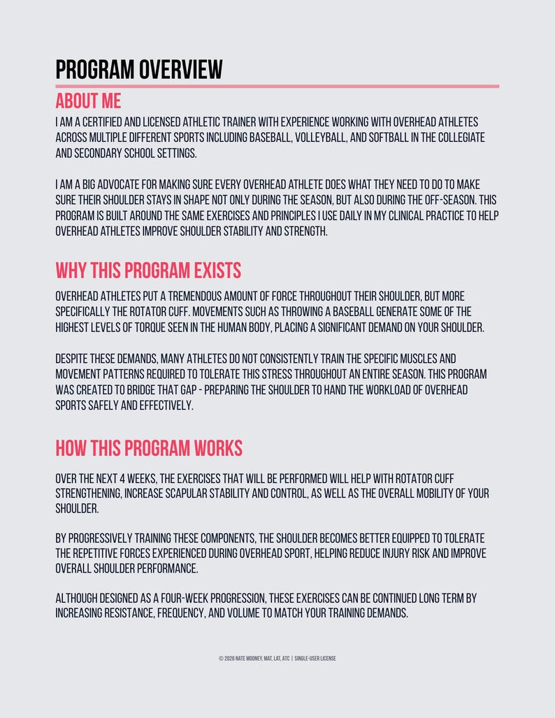 Pu&ograve; includere: Un documento bianco e grigio intitolato "PROGRAM OVERVIEW". Il testo descrive un programma di allenamento atletico per migliorare la stabilit&agrave; e la forza delle spalle negli atleti.