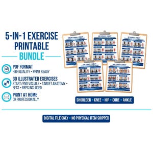Può includere: Un pacchetto di 5 esercizi stampabili con cinque cartelline contenenti guide illustrate per la forza e la stabilità di spalle, ginocchia, anche, core e caviglie. Include formato PDF, 30 esercizi con immagini di inizio e fine, anatomia e serie.
