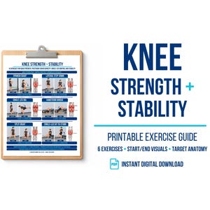 Può includere: Una guida agli esercizi stampabile intitolata Knee Strength + Stability su una cartellina. Il documento presenta sei esercizi con immagini di inizio e fine e diagrammi anatomici. Testo: Knee Strength + Stability e Instant Digital Download.