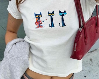 Y2K Pete Cat Baby Tee - Y2K Baby Tee, 90s Baby Tee, Graphic Shirt Crop, Coquette, Vintage Design