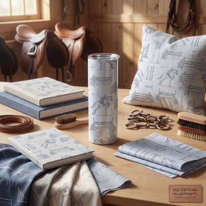 May include: A collection of equestrian-themed items, including a tumbler, books, a pillow, and fabric, all featuring a blue and white blueprint design of show jumping obstacles and riders. The items are arranged on a wooden table.
