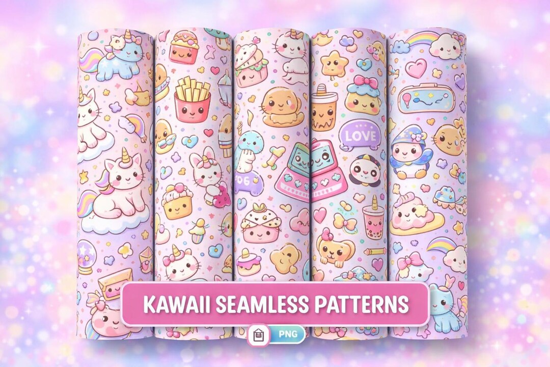 Kawaii Seamless Pattern Bundle |pastel Digital Paper | Sublimation PNG ...