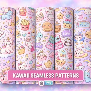 May include: Six rolls of kawaii seamless patterns featuring cute cartoon characters like unicorns, bunnies, and pandas. The patterns are in pastel colors with food and heart motifs. The text "KAWAII SEAMLESS PATTERNS" is displayed on a pink banner.