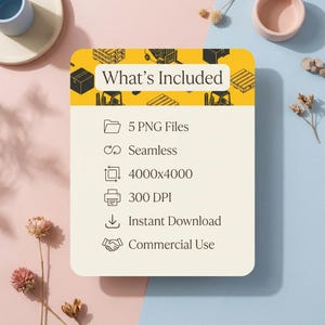 May include: A digital product graphic with the text "What's Included" at the top. The graphic lists "5 PNG Files", "Seamless", "4000x4000", "300 DPI", "Instant Download", and "Commercial Use". The background is a light pink and blue.