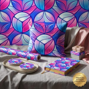 May include: A collection of home decor items featuring a repeating geometric pattern in shades of pink, blue, and white. Includes a pillow, wrapping paper roll, coasters, a notebook, and gift boxes. The items are arranged on a gray surface.