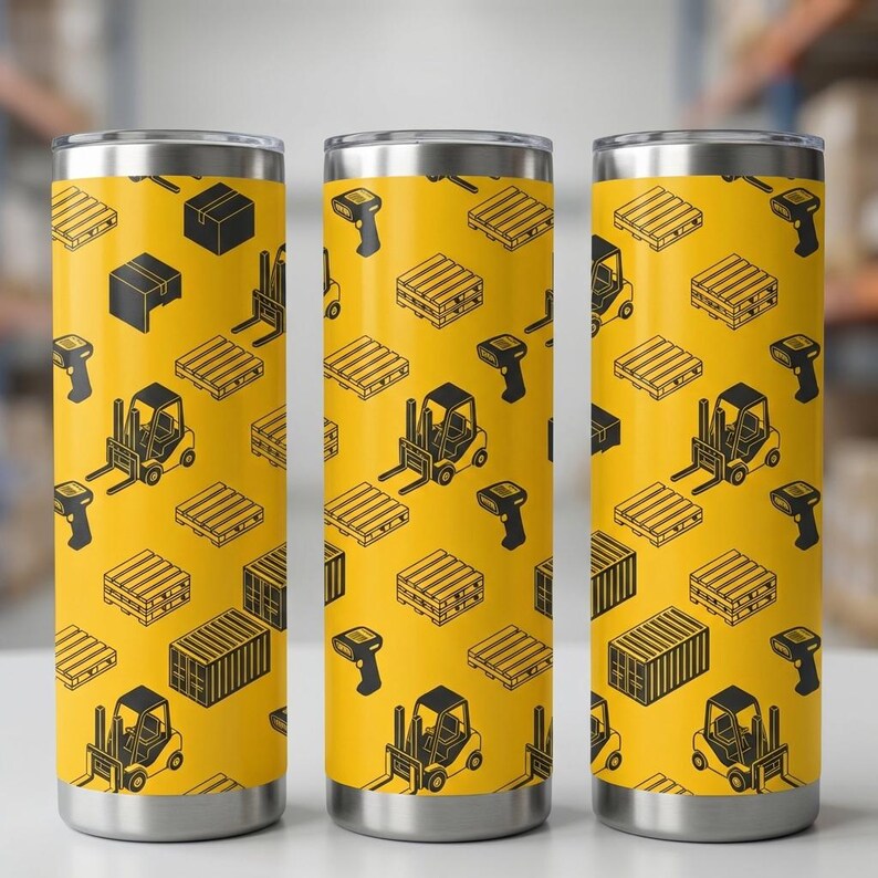 May include: Three stainless steel insulated tumblers with a yellow background and a repeating pattern of black forklifts, pallets, boxes, and barcode scanners. The tumblers have a silver rim and base.