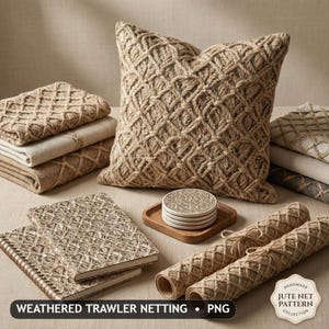 May include: A collection of jute net pattern products, including a large square pillow, notebooks, coasters, and rolled jute netting. The items are in shades of tan and brown, with a woven, textured design. The text "WEATHERED TRAWLER NETTING • PNG" is visible.